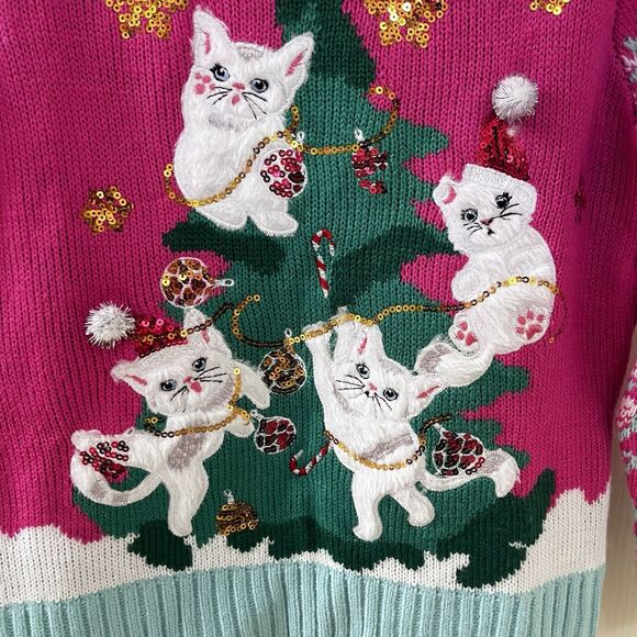 33 Degrees Cats in Christmas Tree Ugly Christmas Sweater Pink Girls Size XS 6/6X - Picture 8 of 14